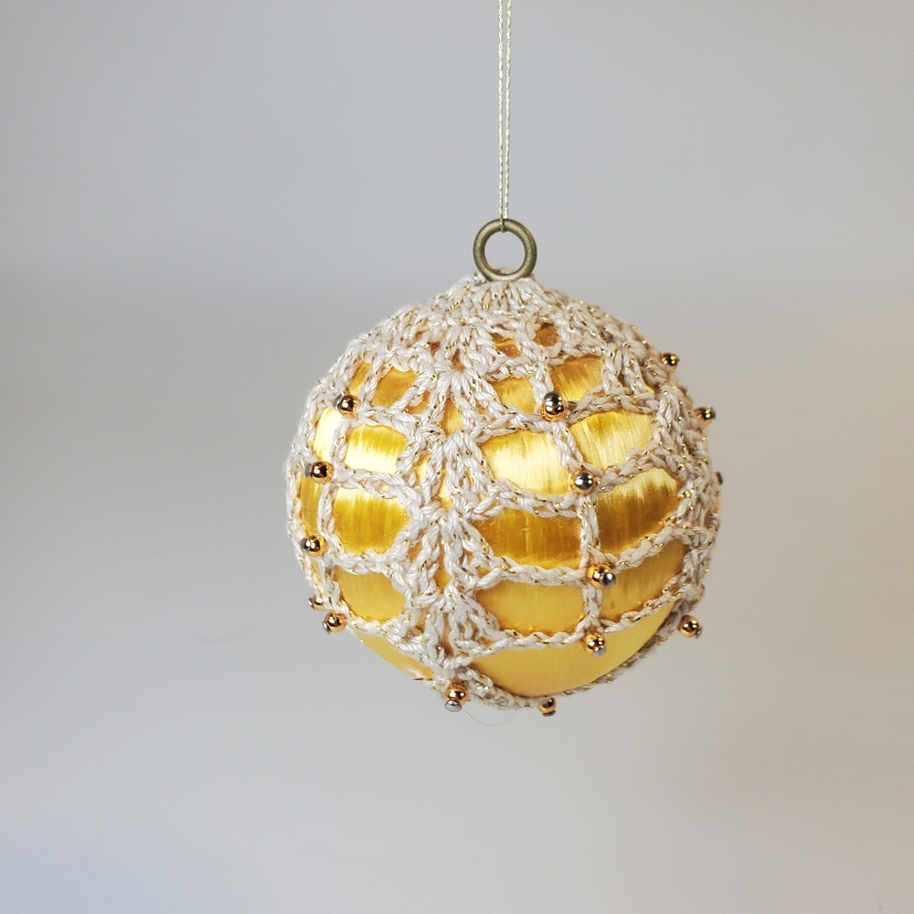 Vintage Push Pin Silk Gold Beaded Satin Christmas Tree Ornament 2.5" Macrame